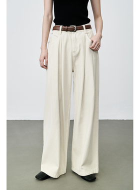 CAREMIND奶白色复古直筒牛仔裤女显瘦阔腿梨型身材宽松裤子配腰带