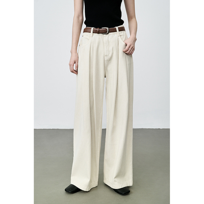 CAREMIND奶白色复古直筒牛仔裤女显瘦阔腿梨型身材宽松裤子配腰带