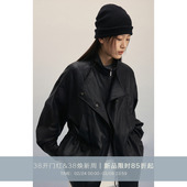 夹克女双层领皮衣外套 CAREMIND复古黑色机车中长款 女侦探皮衣