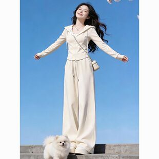 多巴胺休闲运动跑步服套装女2026年春秋新款连帽上衣阔腿裤两件套