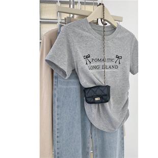 灰色蝴蝶结独特纯棉重磅正肩短袖t恤女夏季美式不规则bm修身上衣