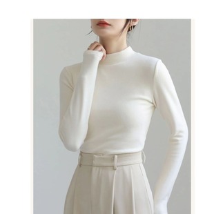 德绒打底衫 女秋冬内搭白色小立领加绒加厚中领T恤半高领紧身上衣