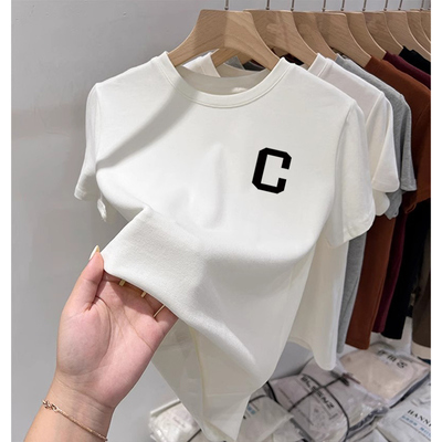 白色正肩t恤女夏季短袖2026新款爆款宽松纯棉字母印花体恤上衣潮