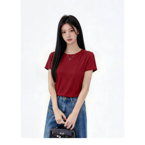休闲风短袖T恤女修身显瘦百搭圆领上衣简约穿搭常规款纯色女士