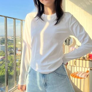 长袖 早秋季 女叠穿内搭修身 棉质圆领纯白色打底衫 t恤正肩上衣 新款