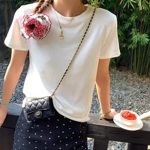 韩系正肩显瘦体恤白色修身 夏季 上衣 2025年新款 纯色T恤女圆领短袖