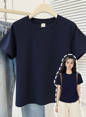 藏蓝色圆领正肩短袖t恤女大童夏季初中高中生修身显瘦纯棉上衣ins