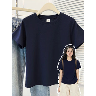 显瘦纯棉上衣ins 初中高中生修身 藏蓝色圆领正肩短袖 t恤女大童夏季