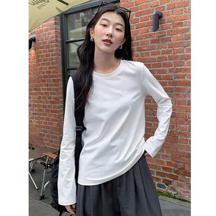 叠穿修身 休闲百搭宽松秋季 正肩上衣 T恤女内搭打底衫 白色圆领长袖