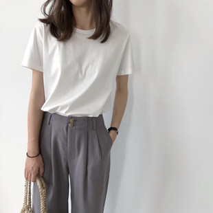 上衣内搭打底衫 纯白t体恤不透纯色基础款 修身 白色t恤女夏棉质短袖