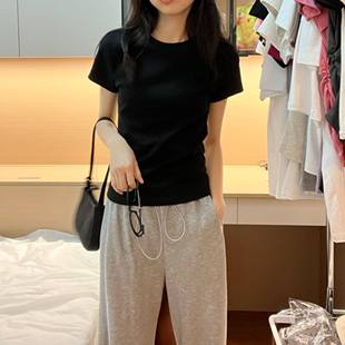 打底衫 上衣体恤黑色显瘦基础款 T恤女夏休闲百搭修身 棉质正肩短袖