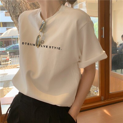 正肩纯棉圆领短袖T恤女ins时尚百搭减龄显瘦白色上衣打底衫夏秋季