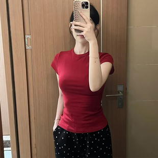 红色短袖t恤女夏季新款小众设计感体恤常规款上衣服半高领修身潮