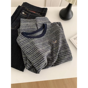 复古撞色小狗刺绣条纹长袖 t恤女秋冬慵懒宽松显瘦圆领休闲打底衫