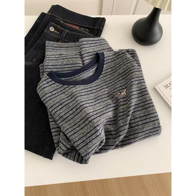 复古撞色小狗刺绣条纹长袖t恤女