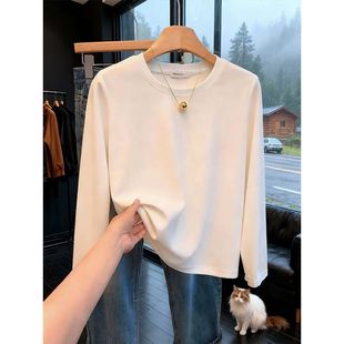 女士上衣秋冬 t恤女正肩内搭纯棉打底衫 白色新款 双面磨毛圆领长袖