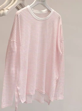 早秋韩系休闲减龄慵懒风中长款上衣ins2024撞色复古宽松长袖t恤潮