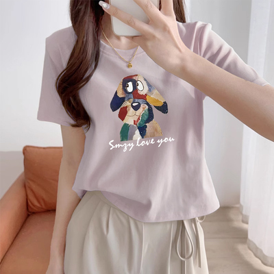 卡通小狗印花白色短袖T恤女