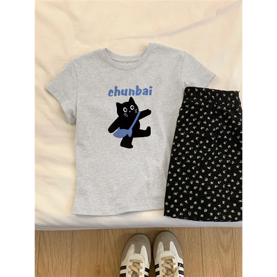 小猫印花纯棉短袖T恤女宽松显瘦