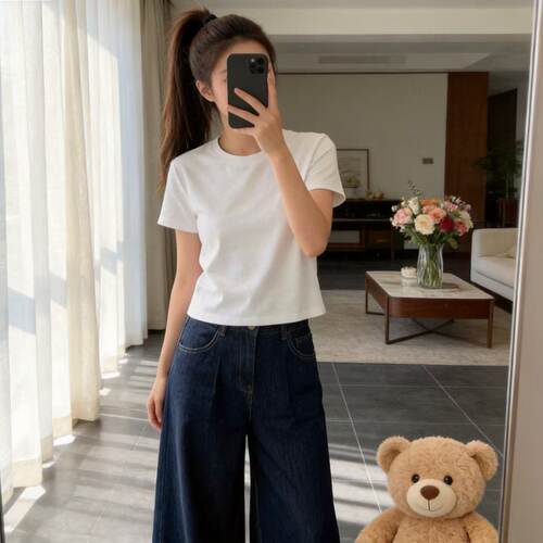 2026新款短款极简风白色短袖t恤女夏季正肩圆领百搭显瘦修身上衣