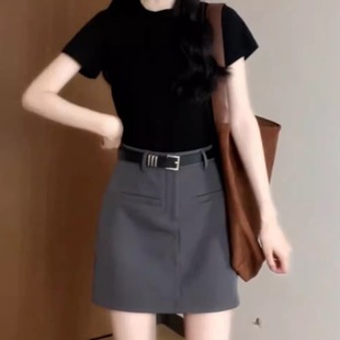 上衣女显瘦小个子百搭T恤衫 黑色正肩短袖 修身 2025新款 女 t恤女夏季