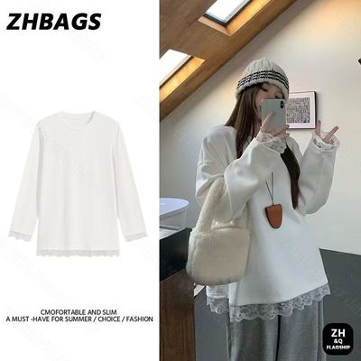 蕾丝拼接长袖T恤女设计感中长款