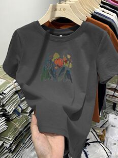 2026涂鸦花印图体恤衫 炭灰色修身 新款 t恤女夏季 正肩上衣 纯棉短袖