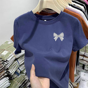 打底衫 减龄潮圆领上衣简约韩系甜辣印花 正肩纯棉宽松t恤女基础款