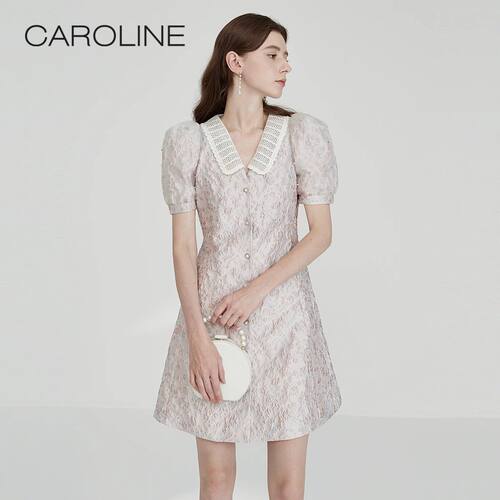 CAROLINE卡洛琳夏季法式泡泡袖重工花卉紫色轻奢连衣裙ECRCBD33