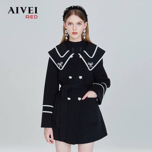 AIVEI欣贺艾薇 冬季新品学院风双层翻领黑色毛呢外套大衣P066S136