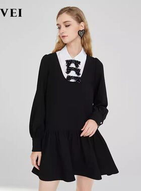 AIVEI/艾薇 21冬季新品衬衫领钉钻黑色洋装N0660121-2180