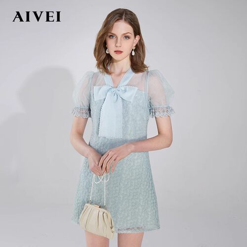 AIVEI/艾薇 蕾丝短袖V领连衣裙2021夏季专柜正品N0360090-1780