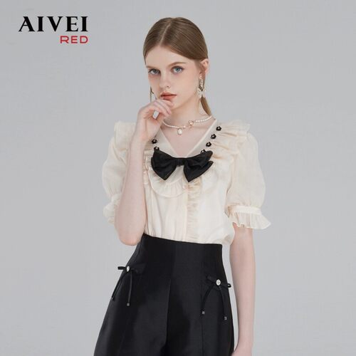 AIVEI欣贺艾薇夏季新品宫廷风千金荷叶边短袖雪纺衫上衣Q036S074