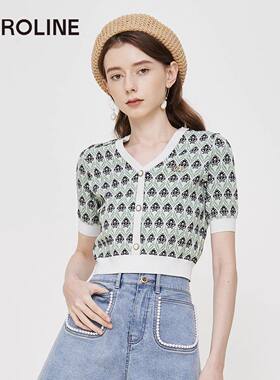 Caroline卡洛琳春夏新款拼色V领短袖修身罗纹针织衫上衣ECRCAA92