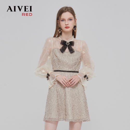 AIVEI/艾薇2023春季网纱袖拼接连衣裙专柜正品Q0160028-2180