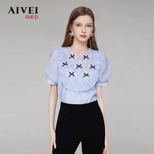 AIVEI欣贺艾薇夏季新品复古宫廷风蝴蝶结水钻雪纺衫上衣Q0360015