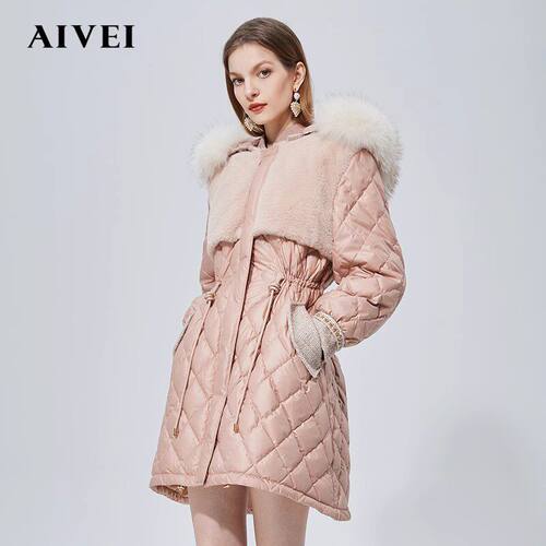 AIVEI/艾薇 21冬季新品连帽收腰A摆中长版泡芙羽绒服外套N0660072
