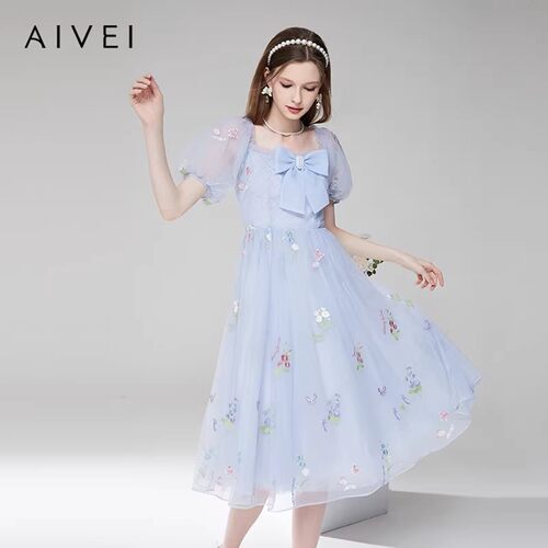 AIVEI/艾薇2023夏季蝴蝶结网纱洋装专柜正品Q0360180-A-1880