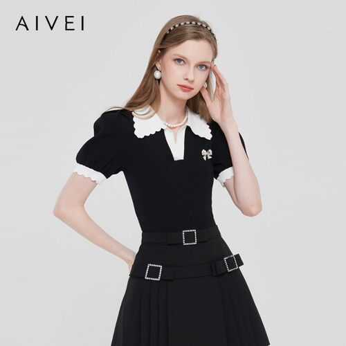 AIVEI/艾薇2023春季修身短袖针织衫上衣专柜正品Q0160006-1380