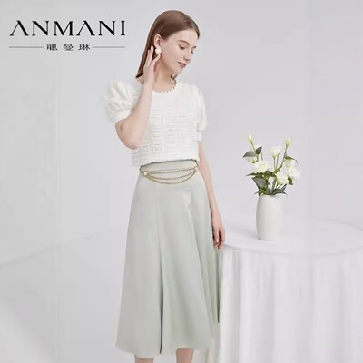 ANMANI恩曼琳春夏泡泡短袖花边圆领格纹收腰针织衫上衣EANCBB39