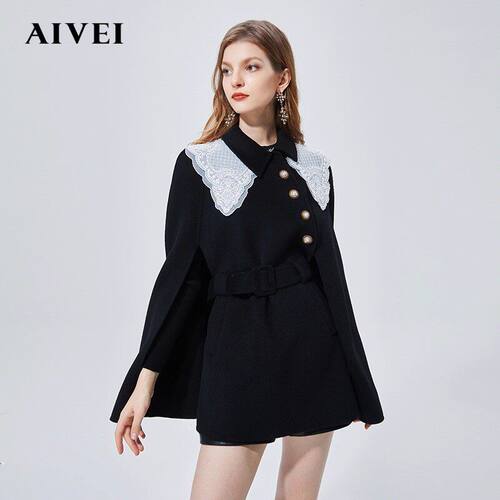 AIVEI/艾薇2021冬季新品蕾丝拼接收腰双面呢斗篷外套N0660042