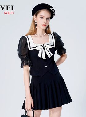 AIVEI欣贺艾薇夏季新品减龄方领上衣高腰短裙套装P036S016-1780