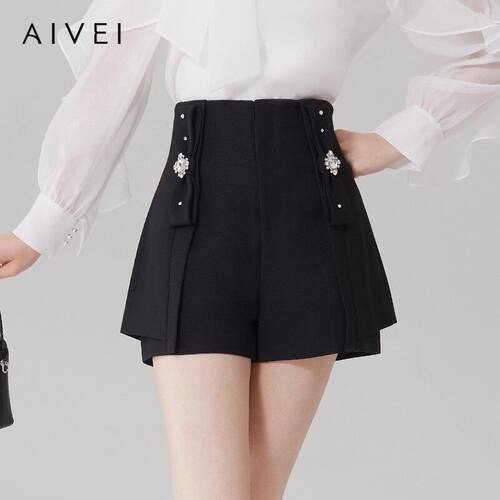 AIVEI欣贺艾薇2023秋季新品千金大小姐A字阔腿高腰短裤子Q056S116