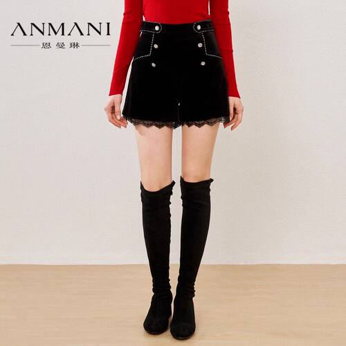 ANMANI恩曼琳 秋季新品双排扣蕾丝拼接丝绒直筒短裤子女EANCCA85