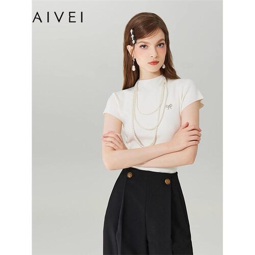 AIVEI/艾薇2023秋季新品简约纯色打底外穿短袖针织衫上衣Q0560243