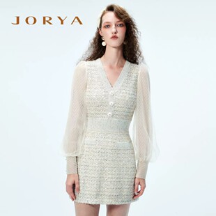 JORYA/卓雅2022春季专柜O103602B网纱长袖拼接V领洋装4380