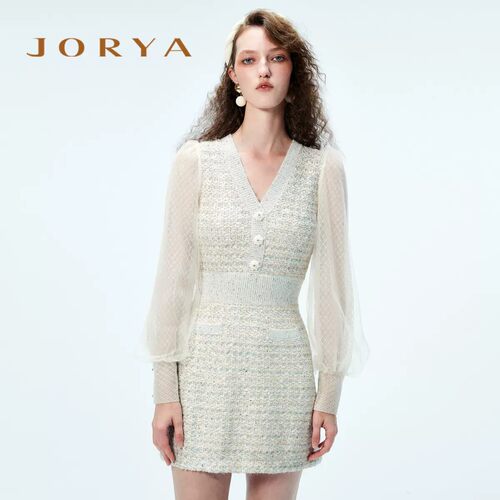 JORYA/卓雅2022春季专柜正品O103602B网纱长袖拼接V领洋装4380