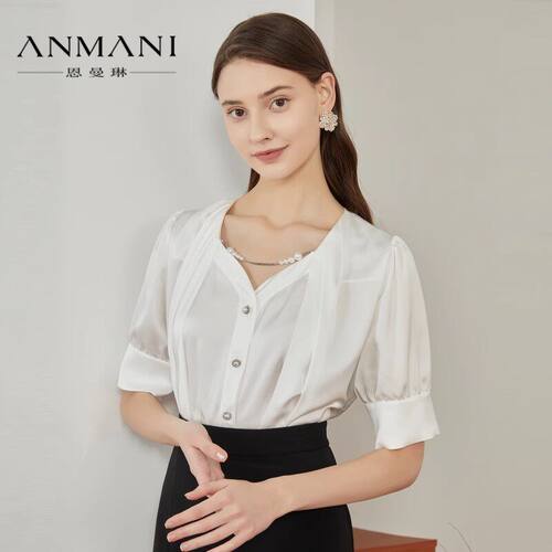 ANMANI恩曼琳夏季新款法式优雅复古V领压褶衬衫上衣EANDBH50-1080