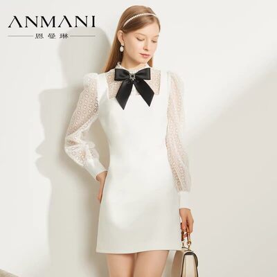 ANMANI恩曼琳春季花朵蕾丝拼接蝴蝶结白色连衣裙EANDAA88-1780元