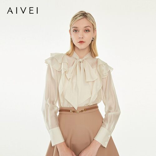 AIVEI/艾薇2022冬季荷叶边系带领长袖上衣专柜正品O762402C-1480